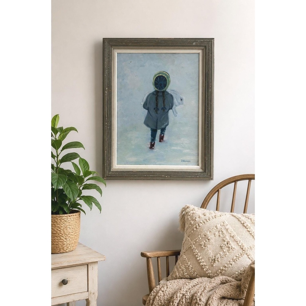Vintage Original Oil Painting Child Rabbit Winter Folk Art Signed Jo Kerker